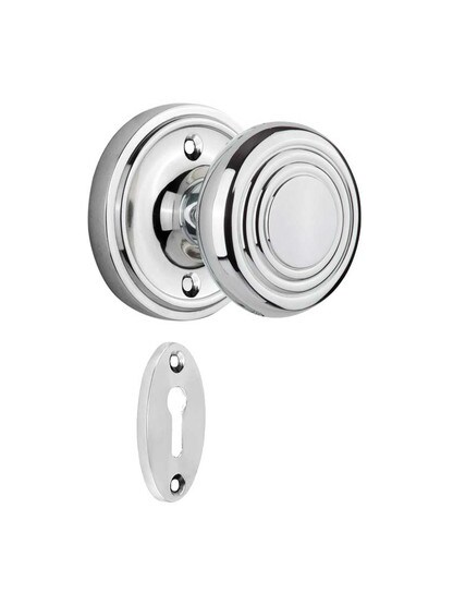 Classic Rosette Mortise Lock Set with Deco Style Knobs in Polished Chrome.